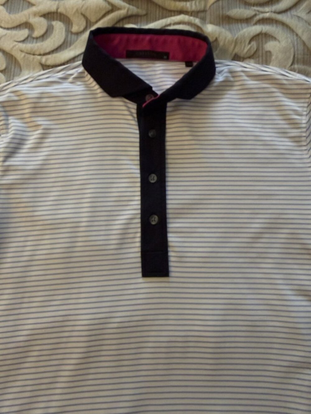 Greyson Golf Polo Mens M White Light Blue Striped Wolf Logo Performance Shirt